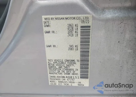 2021 Nissan Altima Sv Fwd из США, поврежденный, VIN 1N4BL4DV5MN408151